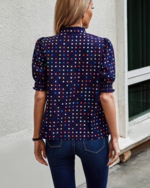 polka dot print puff sleeve loose shirt