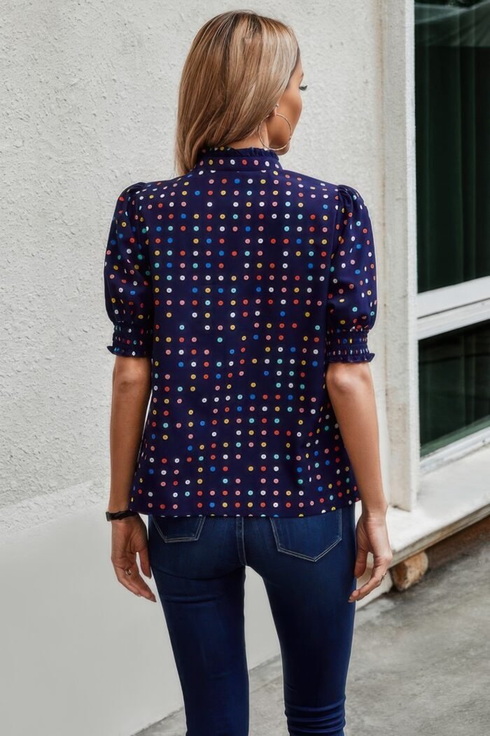 Polka dot print puff sleeve loose shirt
