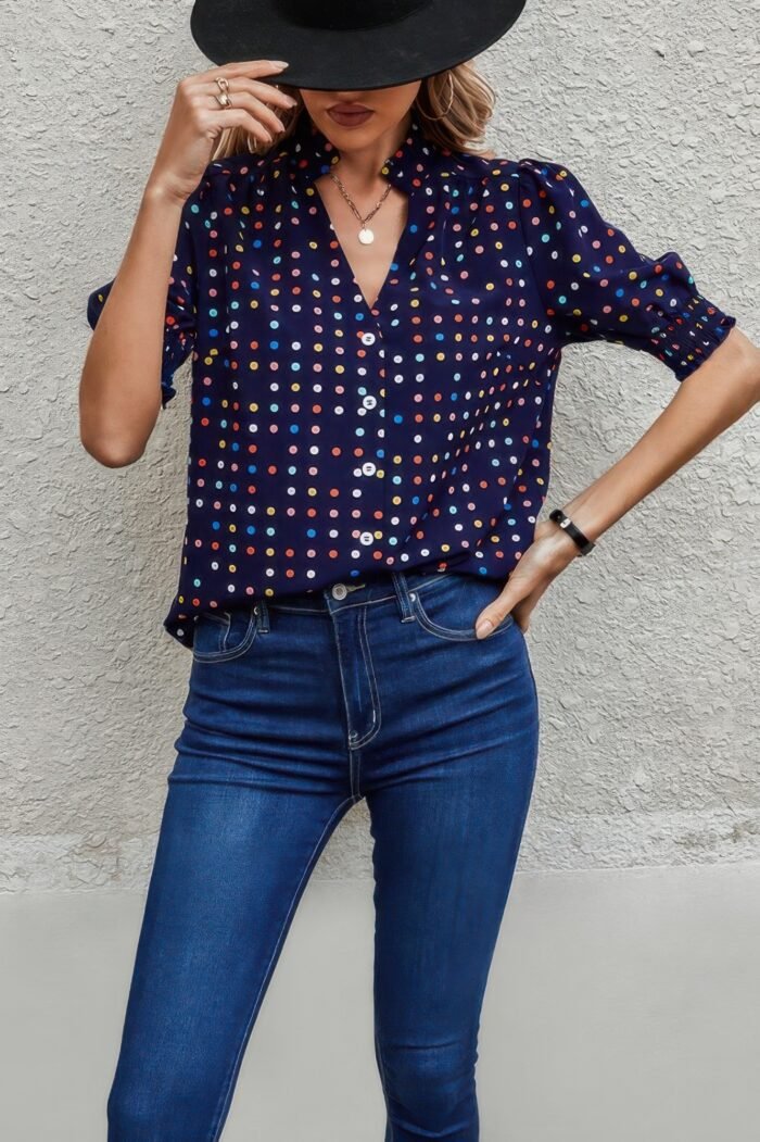 Polka dot print puff sleeve loose shirt