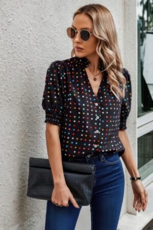 Polka Dot Print Puff Sleeve Loose Shirt Polka Dot Print Puff Sleeve Loose Shirt