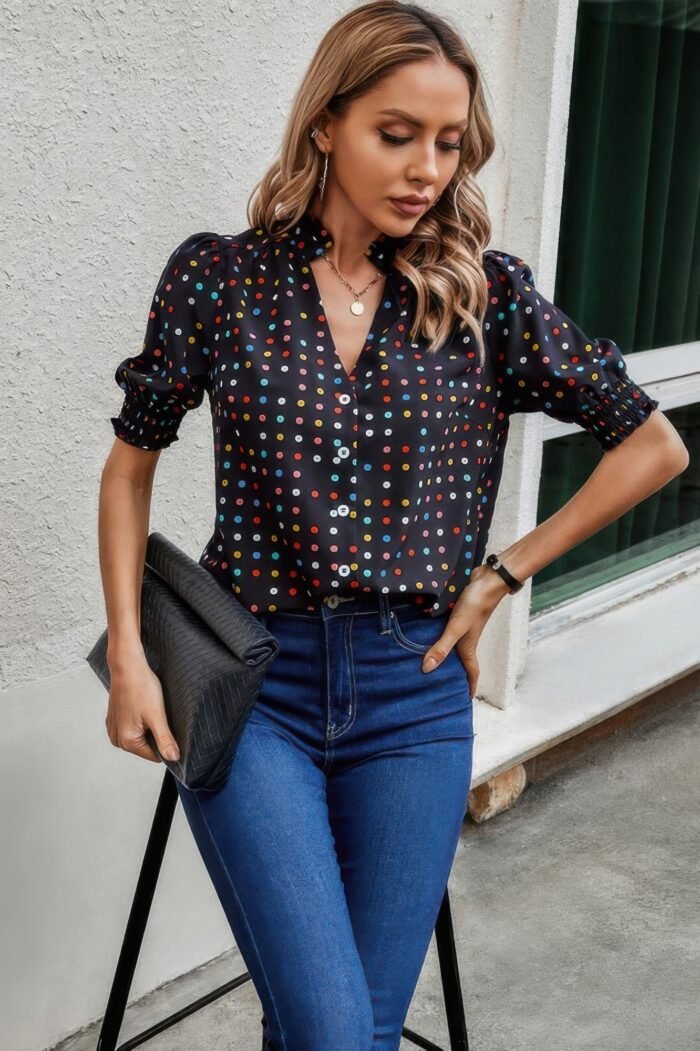 Polka dot print puff sleeve loose shirt