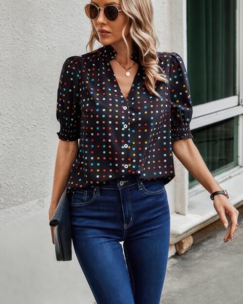 polka dot print puff sleeve loose shirt