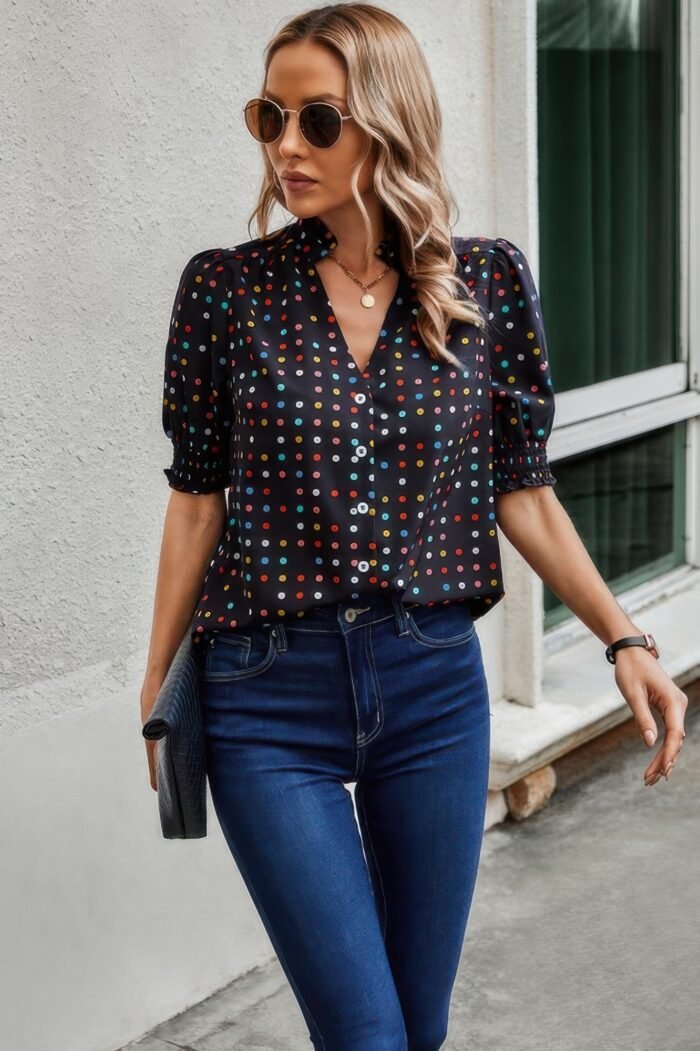 Polka dot print puff sleeve loose shirt