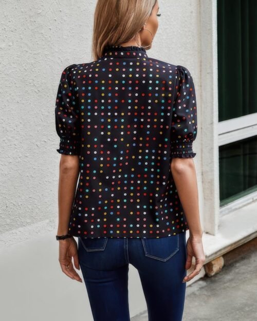 polka dot print puff sleeve loose shirt
