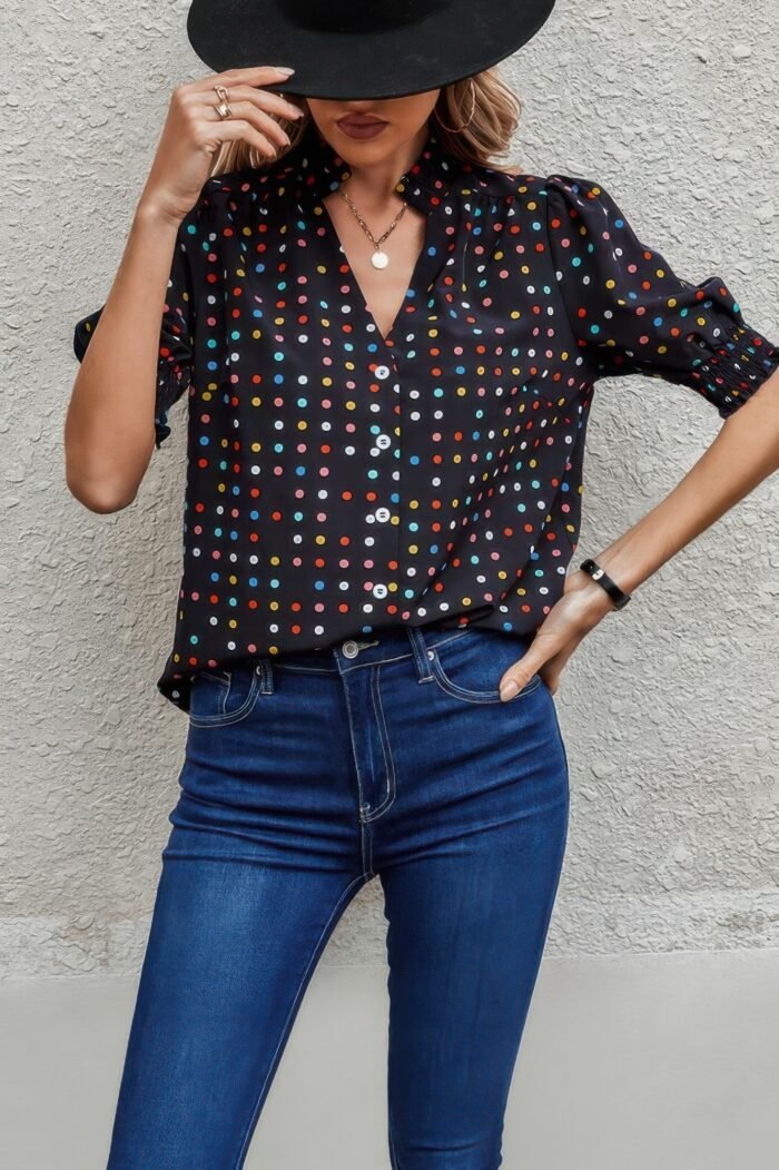 Polka dot print puff sleeve loose shirt