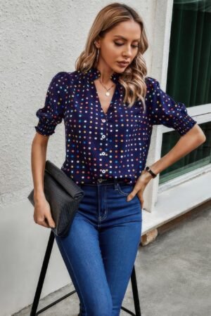 Polka Dot Print Puff Sleeve Loose Shirt Polka Dot Print Puff Sleeve Loose Shirt