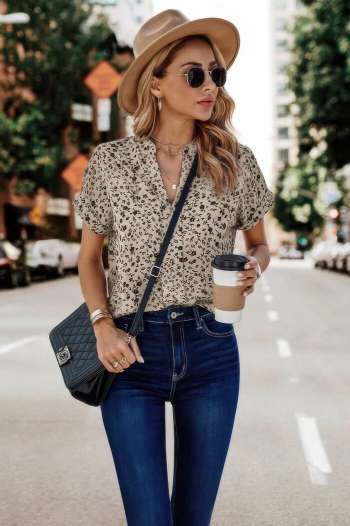 V neck floral print batwing sleeve blouse