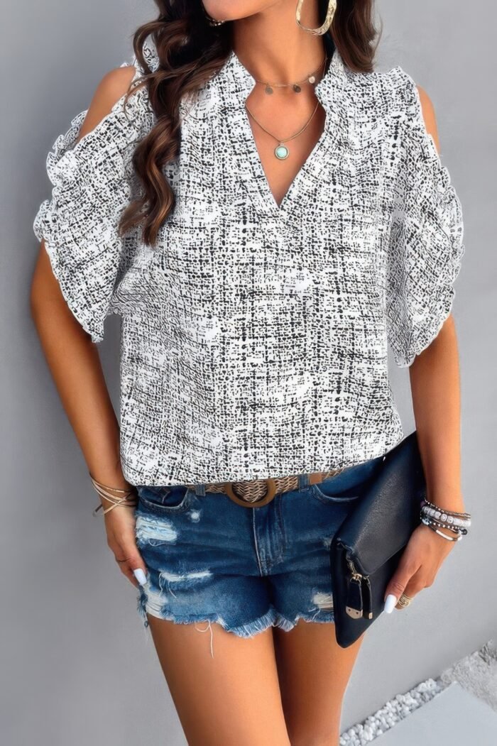 Printed mandarine collar cold shoulder loose top