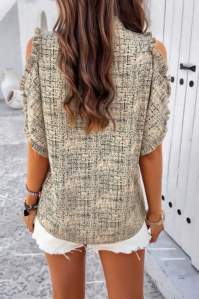 Printed mandarine collar cold shoulder loose top