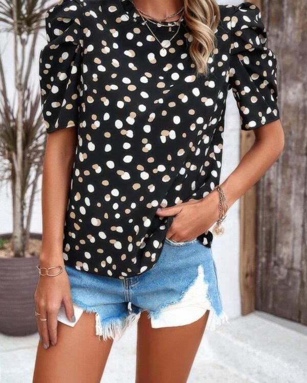 Puff Sleeves Allover Print Knot Loose Fit Top