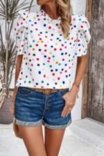 Puff Sleeves Allover Print Knot Loose Fit Top - Image 13