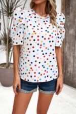 Puff Sleeves Allover Print Knot Loose Fit Top - Image 15