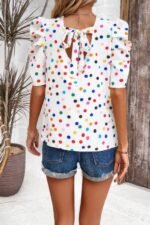 Puff Sleeves Allover Print Knot Loose Fit Top - Image 17