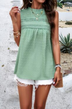 Crew Neck Swiss Dot Smocked Ruffled Loose Blouse