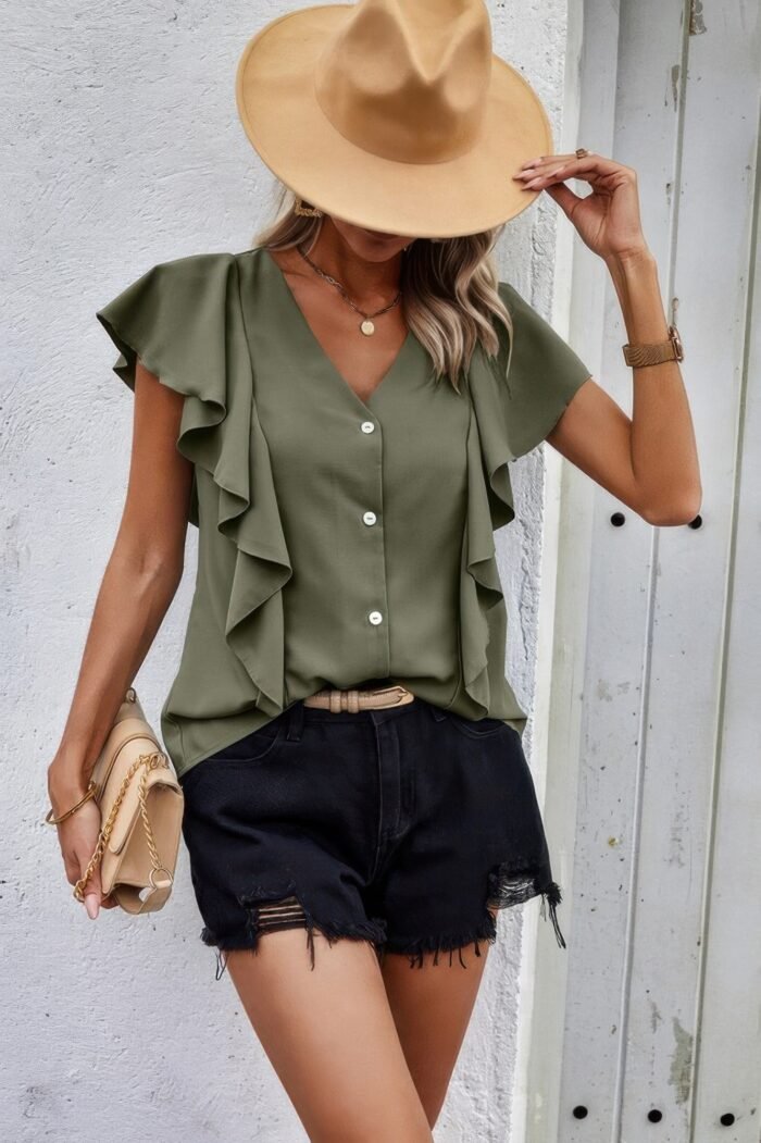 Solid button ruffle v neck fit blouse