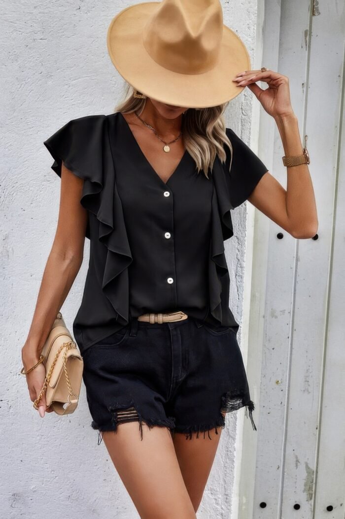 Solid button ruffle v neck fit blouse