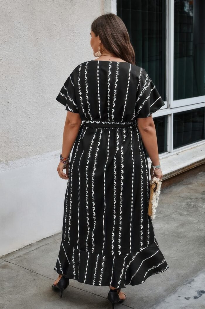 Plus deep v belt asymmetric hem fit dress