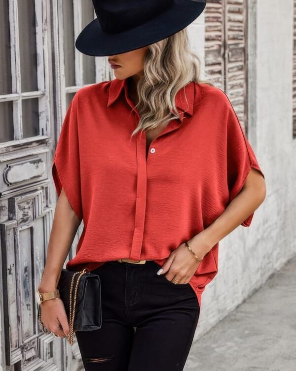 Solid Front Open Button Loose Fit Blouse