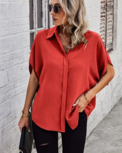 solid front open button loose fit blouse