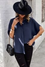 Solid Front Open Button Loose Fit Blouse - Image 7