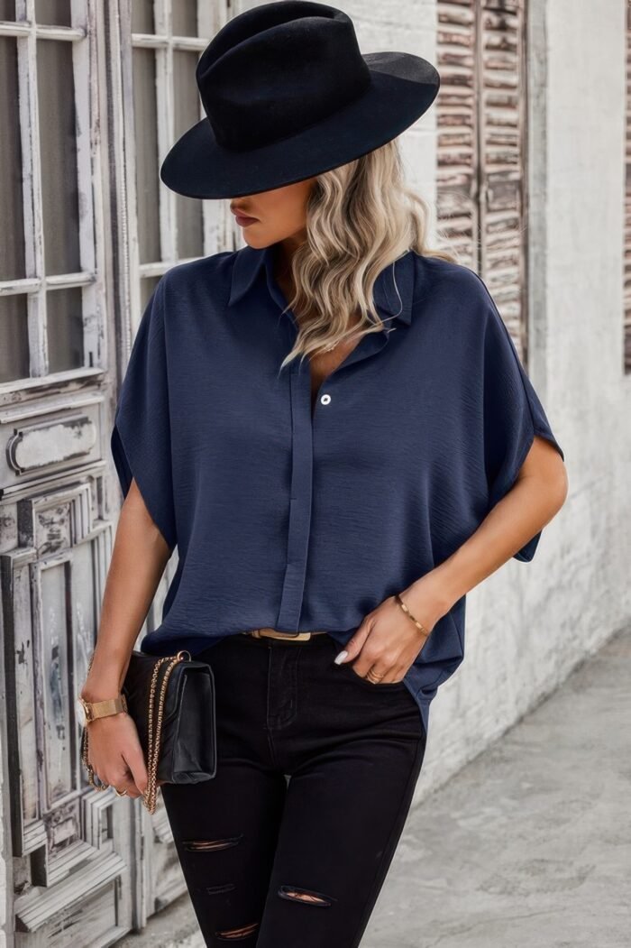 Solid front open button loose fit blouse - image 9
