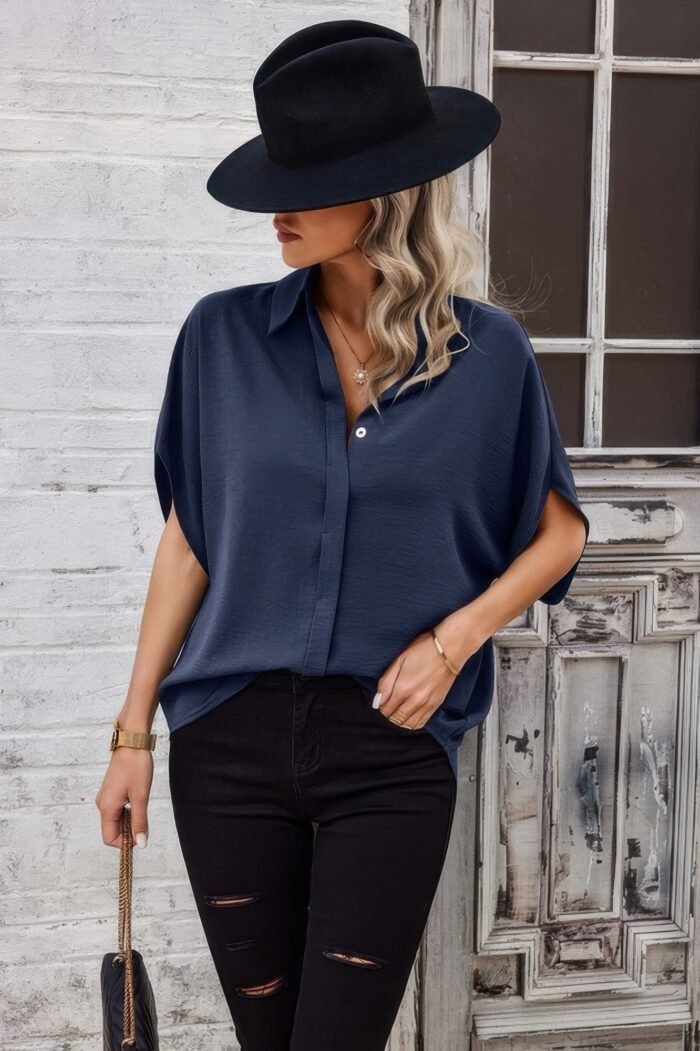 Solid front open button loose fit blouse - image 10