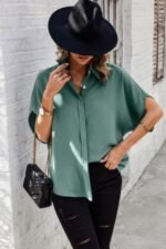 Solid Front Open Button Loose Fit Blouse - Image 13