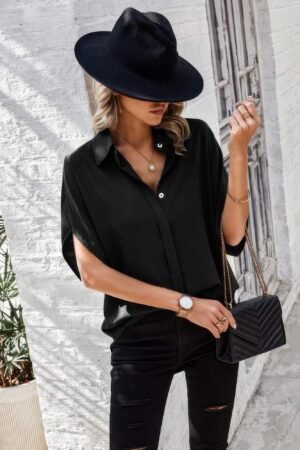 Solid Front Open Button Loose Fit Blouse