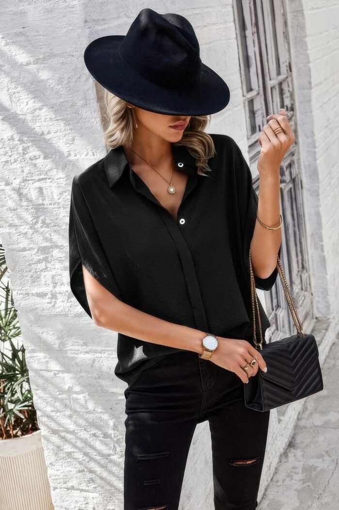 Solid front open button loose fit blouse - image 16