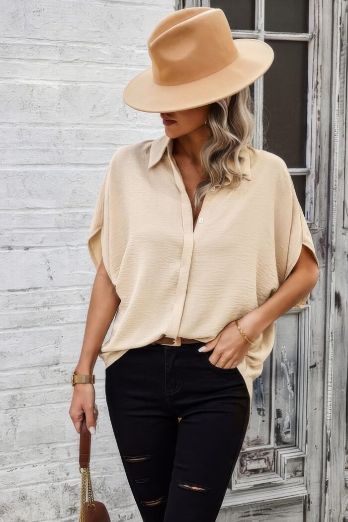 Solid front open button loose fit blouse - image 20