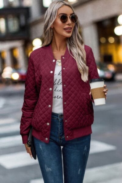 Solid Plaid Stitch Pockets Bomber Jacket