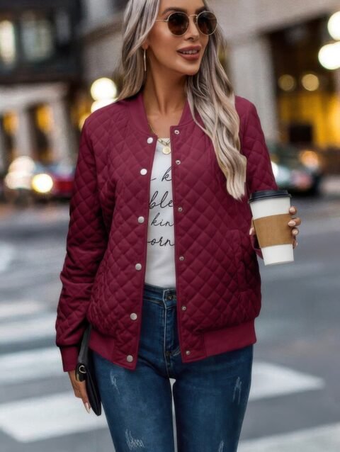Solid Plaid Stitch Pockets Bomber Jacket