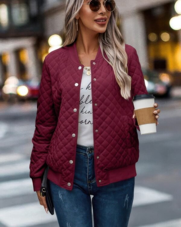 Solid Plaid Stitch Pockets Bomber Jacket