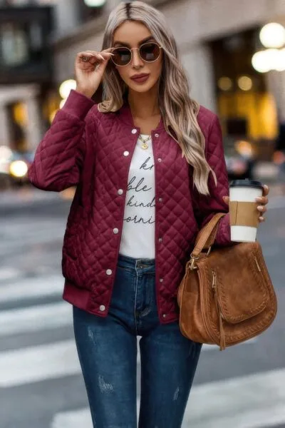 Solid Plaid Stitch Pockets Bomber Jacket