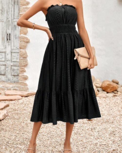 off shoulder lace trim strapless tube a line dress