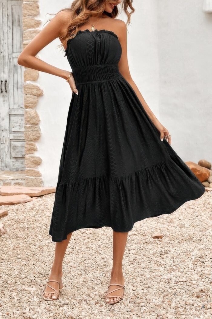 Off shoulder lace trim strapless tube a line dress