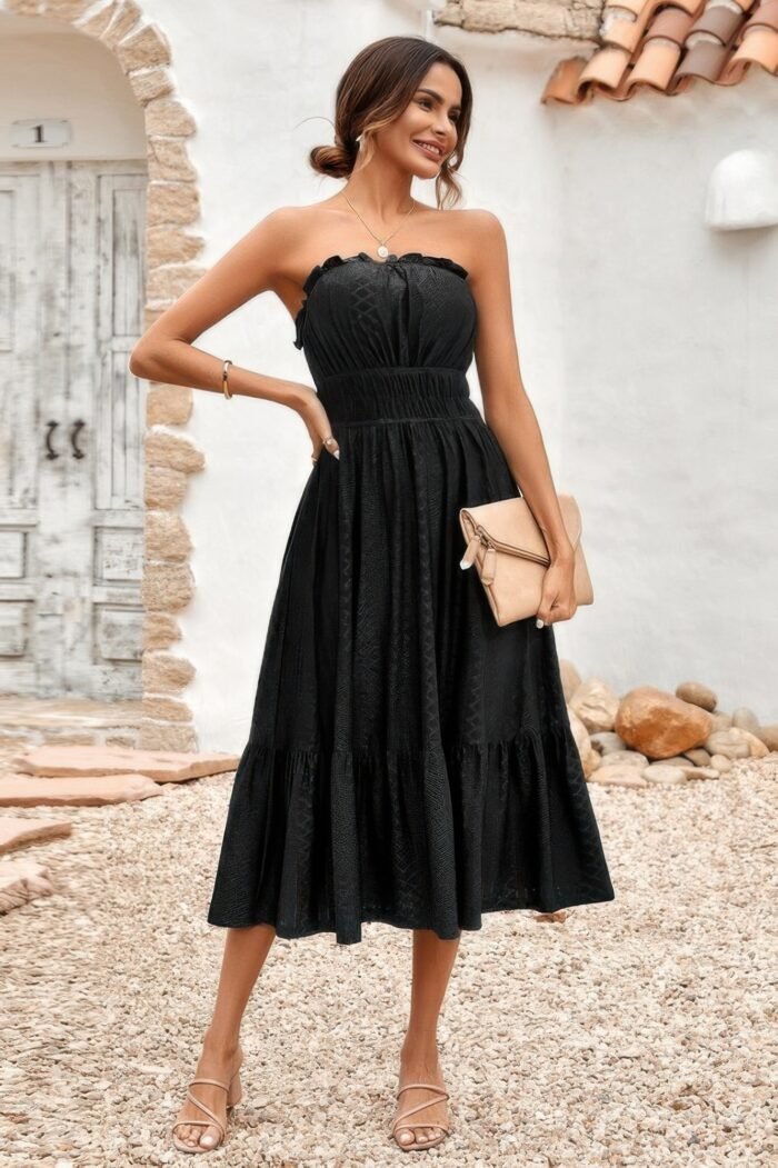 Off shoulder lace trim strapless tube a line dress