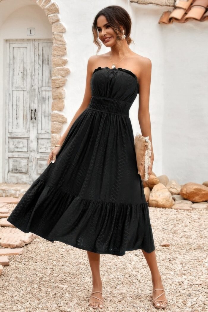 Off shoulder lace trim strapless tube a line dress