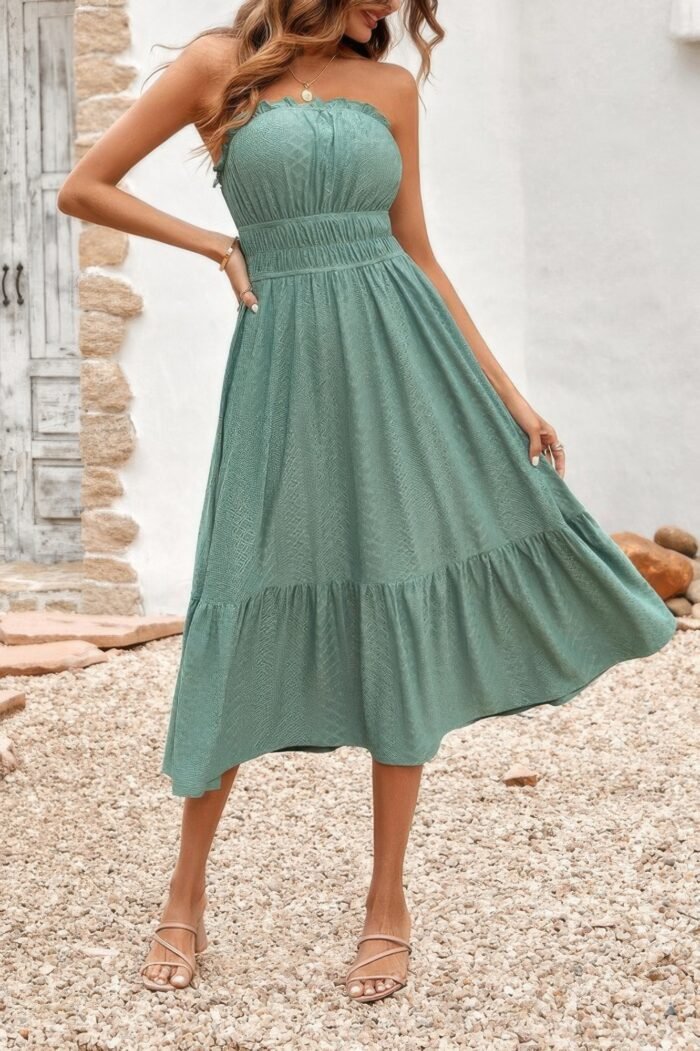 Off shoulder lace trim strapless tube a line dress