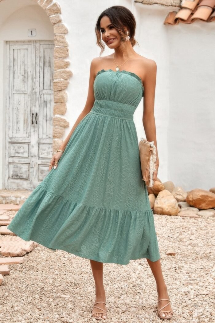 Off shoulder lace trim strapless tube a line dress
