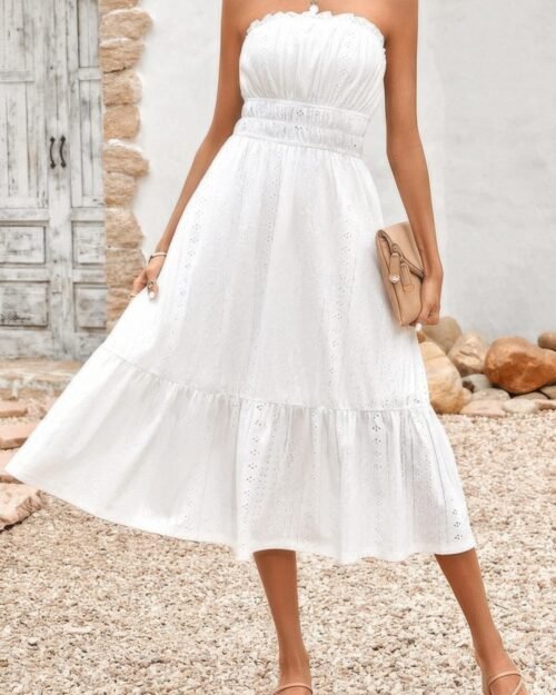 off shoulder lace trim strapless tube a line dress