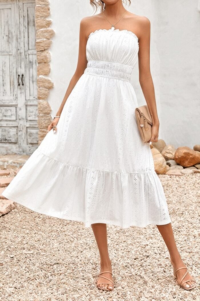 Off shoulder lace trim strapless tube a line dress