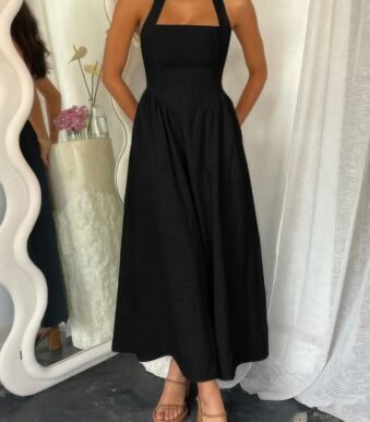 Halter Solid Pockets Sleeveless A Line Long Dress