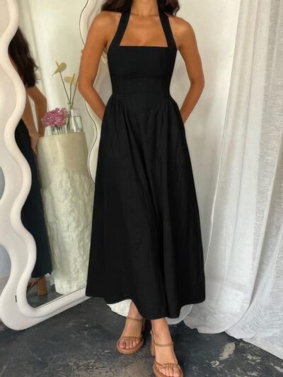 Halter Solid Pockets Sleeveless A Line Long Dress