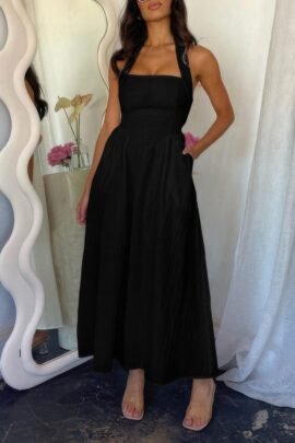 Halter Solid Pockets Sleeveless A Line Long Dress
