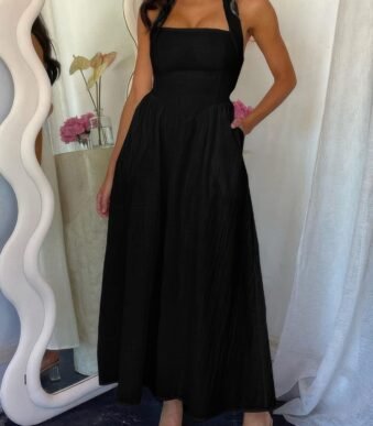 Halter Solid Pockets Sleeveless A Line Long Dress