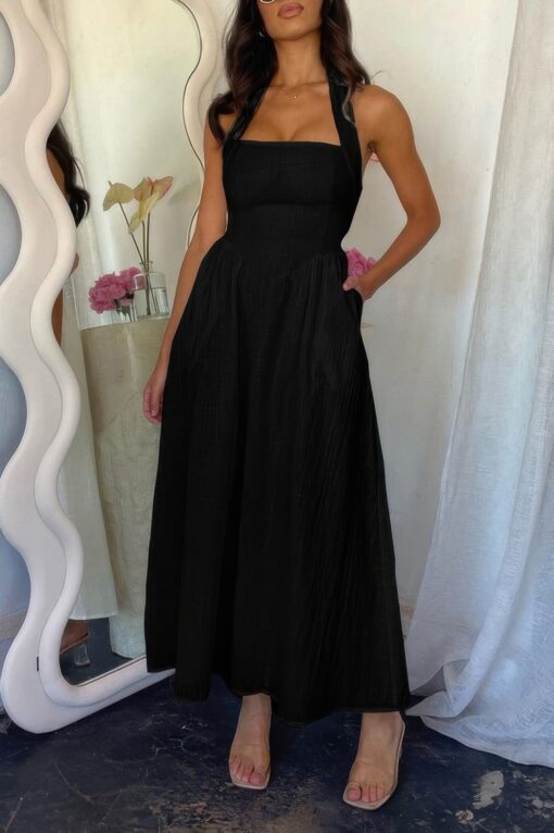Halter Solid Pockets Sleeveless A Line Long Dress - Image 2