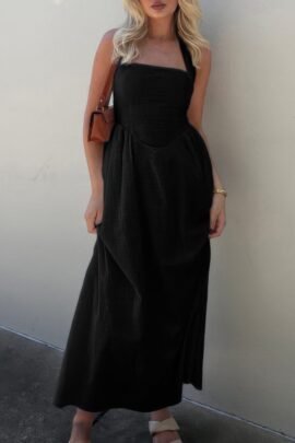 Halter Solid Pockets Sleeveless A Line Long Dress