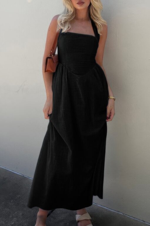 Halter Solid Pockets Sleeveless A Line Long Dress - Image 3