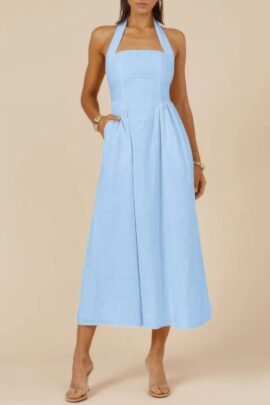 Halter Solid Pockets Sleeveless A Line Long Dress